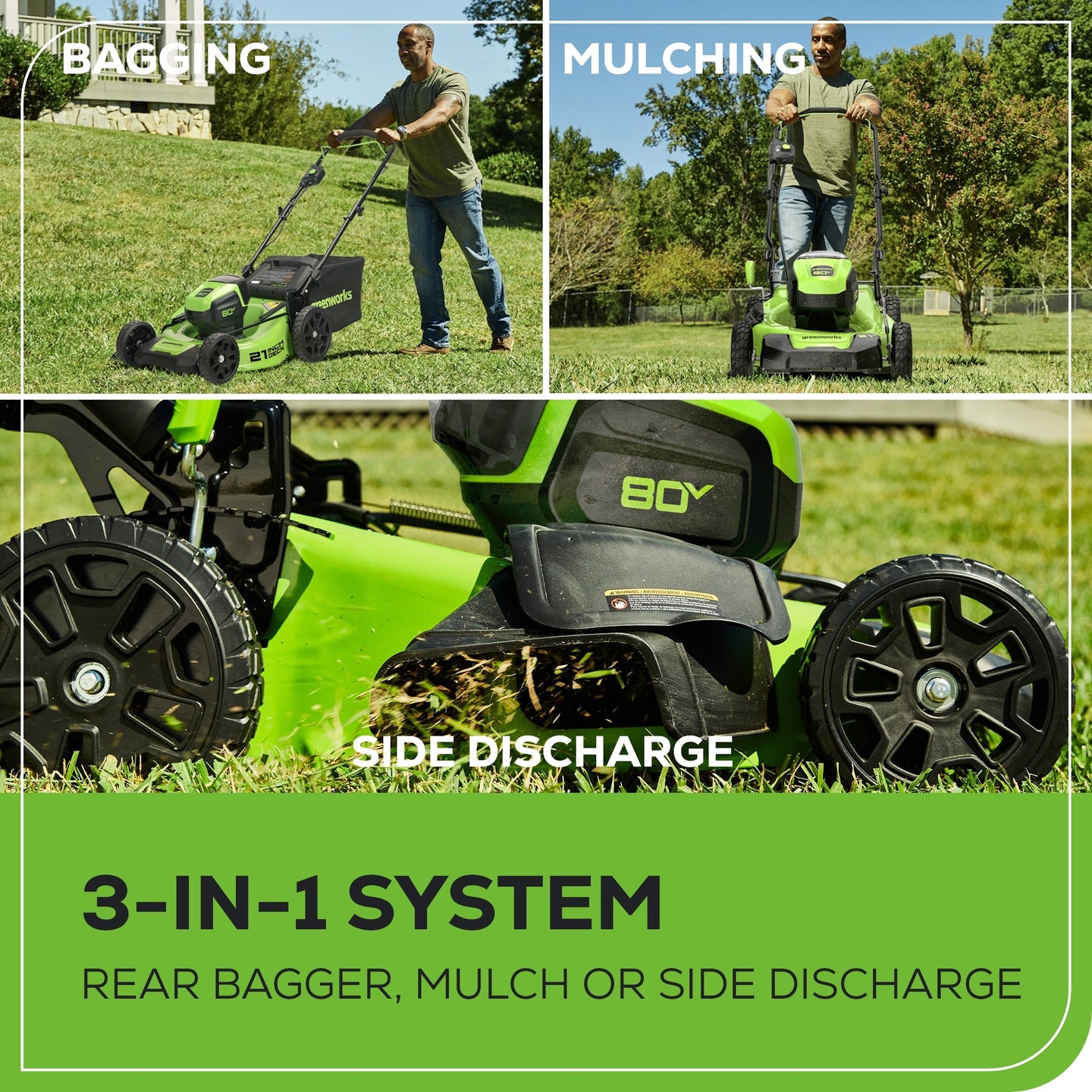 80V 21" Cordless Battery 3-in-1 Push Mower 3pc Combo Kit: (2) 2.0 Ah Batteries and Rapid Charger greenworkstools