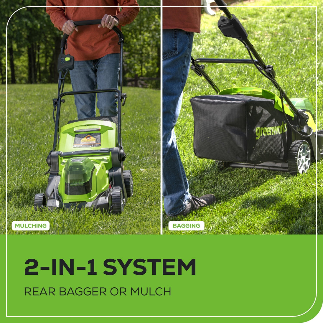 48V (24V x 2) 17" Push Cordless Lawn Mower, 320CFM Leaf Blower and 12" String Trimmer Combo Kit: (2) 4.0 Ah USB Batteries greenworkstools