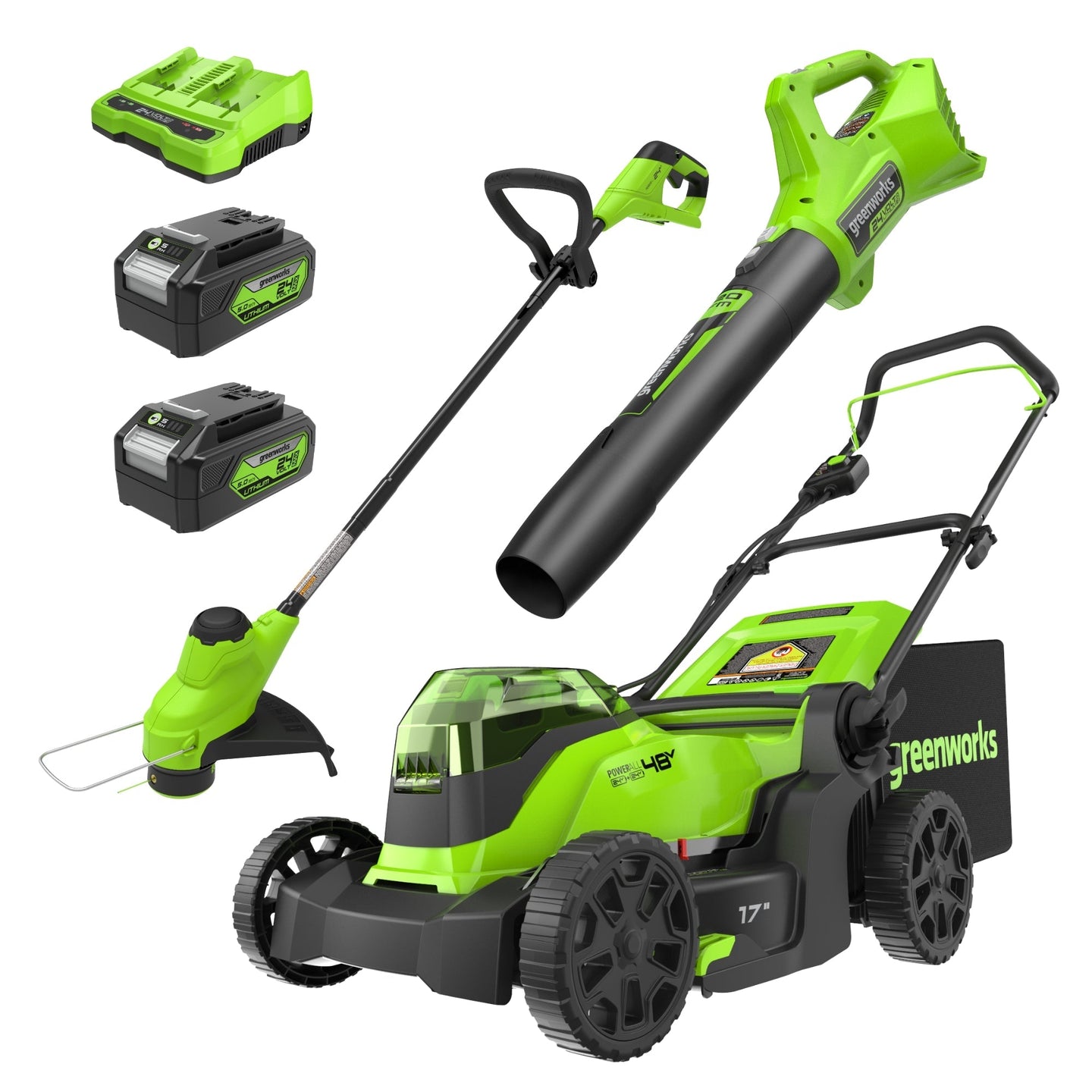 48V (24V x 2) 17" Push Cordless Lawn Mower, 320CFM Leaf Blower and 12" String Trimmer Combo Kit: (2) 4.0 Ah USB Batteries greenworkstools