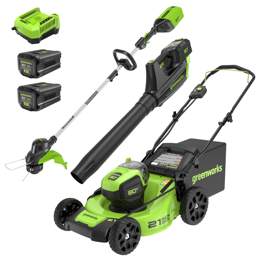 80V 21" Cordless Battery 3-in-1 Push Mower 3pc Combo Kit: (2) 2.0 Ah Batteries and Rapid Charger greenworkstools