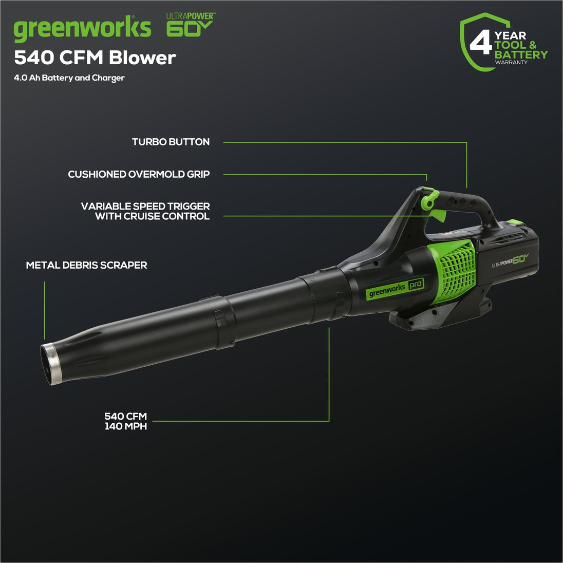 60V 13" Cordless Battery String Trimmer & 540 CFM Leaf Blower Combo Kit w/ 4.0Ah Battery & Charger greenworkstools