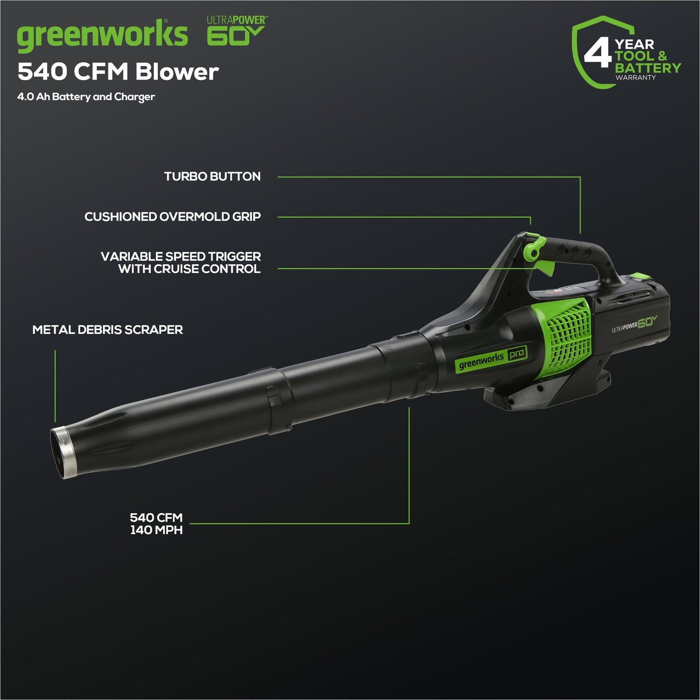 60V 13" Cordless Battery String Trimmer & 540 CFM Leaf Blower Combo Kit w/ 4.0Ah Battery & Charger greenworkstools