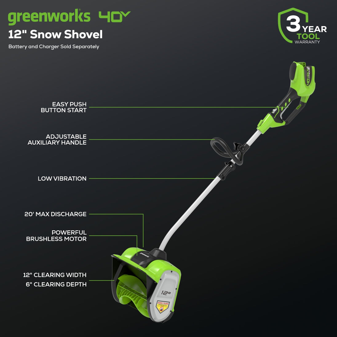 40V 12" Cordless Brushless Snow Shovel (Tool Only) greenworkstools