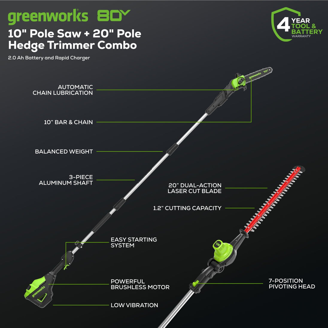 80V 20" Cordless Battery Pole Hedge and 10" Pole Saw Combo Kit: 2.0 Ah Battery and Rapid Charger greenworkstools