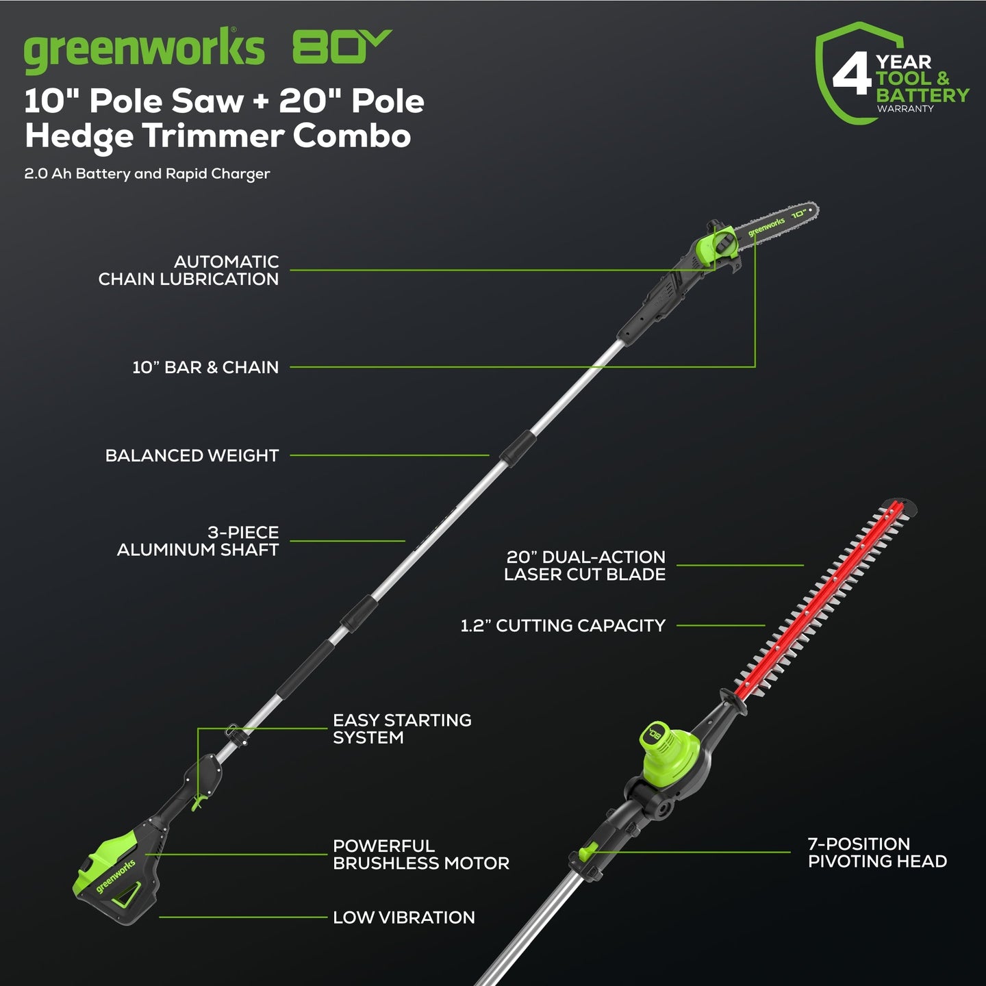 80V 20" Cordless Battery Pole Hedge and 10" Pole Saw Combo Kit: 2.0 Ah Battery and Rapid Charger greenworkstools