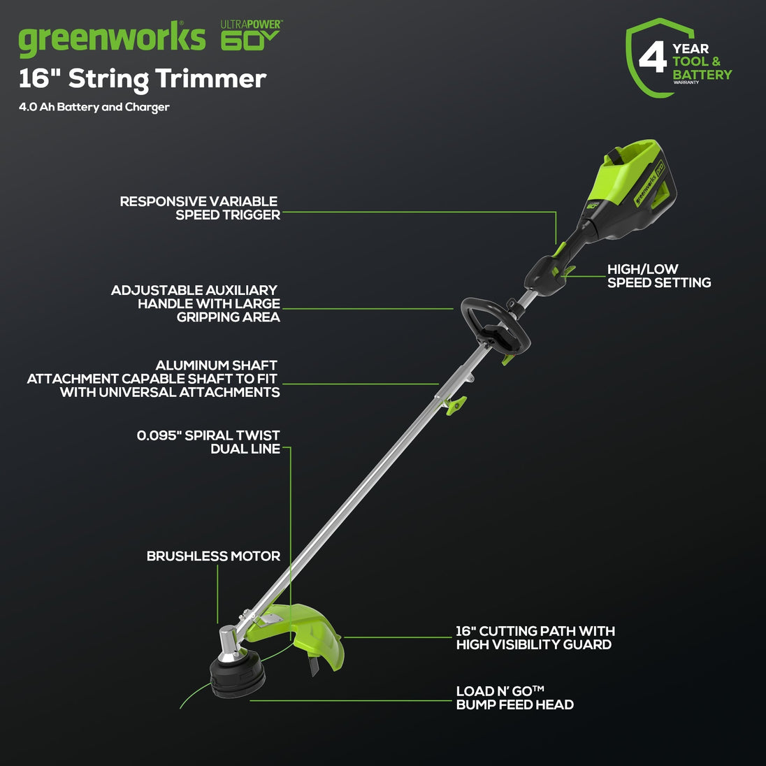 60V 16" Cordless Battery String Trimmer (Attachment Capable) and 16" Hedge Trimmer Attachment Combo Kit: 4.0 Ah Battery and Charger greenworkstools