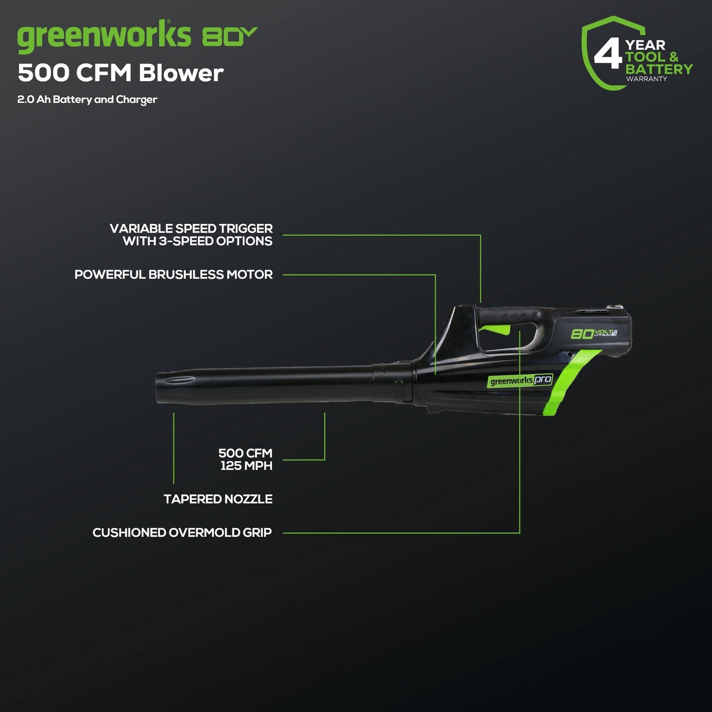 Pro 80V 16" Brushless String Trimmer & 500CFM Leaf Blower Combo w/ 2.0 Ah Battery & Charger greenworkstools