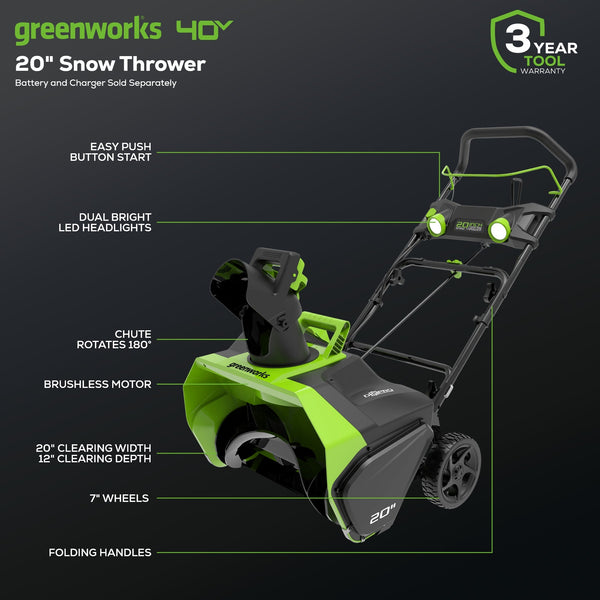 40V 20" Cordless Battery Single-Stage Snow Blower (Tool Only) greenworkstools