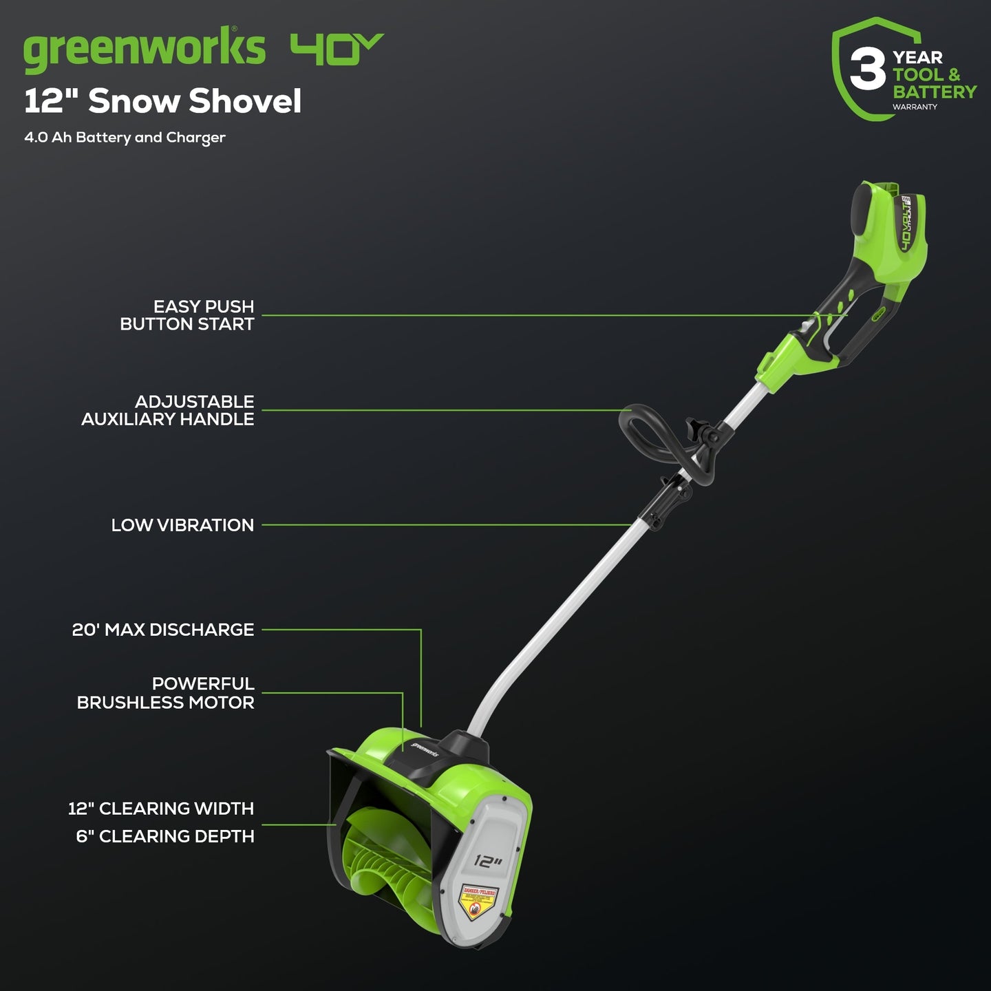 40V 12" Cordless Battery Snow Shovel: 4.0 Ah Battery and Charger greenworkstools