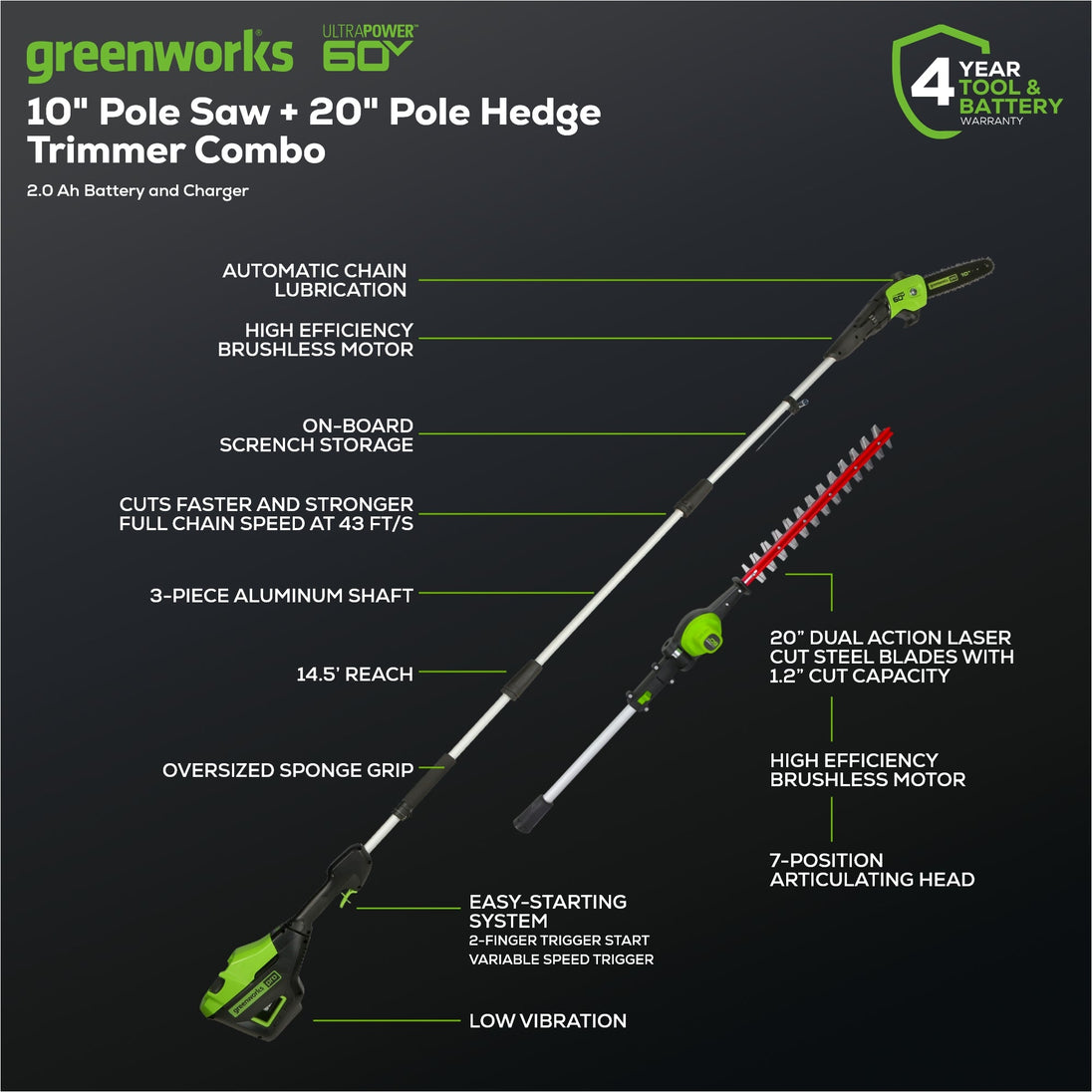 60V 10" Cordless Battery Pole Saw and 20" Pole Hedge Trimmer Combo Kit: 2.0 Ah Battery and Charger greenworkstools