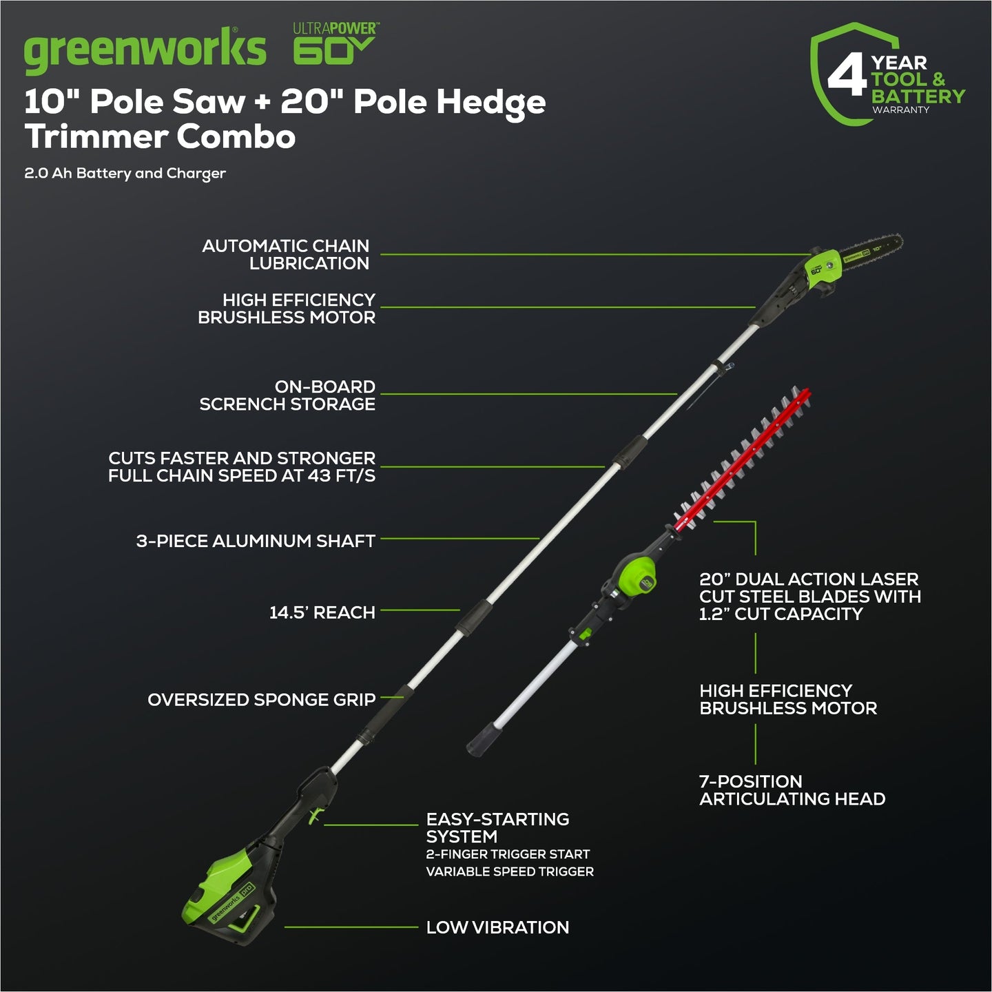 60V 10" Cordless Battery Pole Saw and 20" Pole Hedge Trimmer Combo Kit: 2.0 Ah Battery and Charger greenworkstools