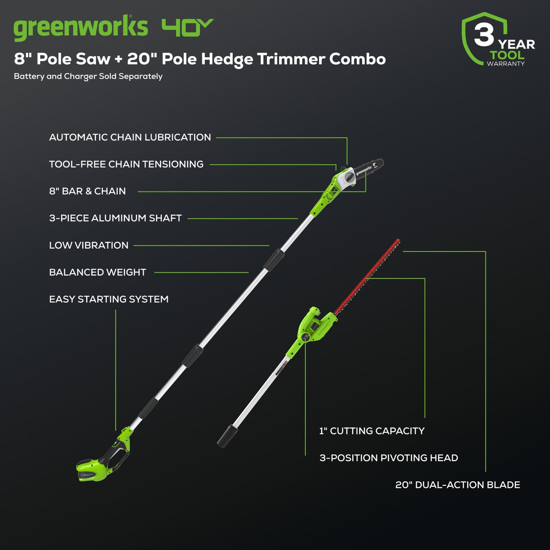 40V Cordless 8" Pole Saw with Hedge Trimmer Attachment Combo Kit (Tool Only) greenworkstools