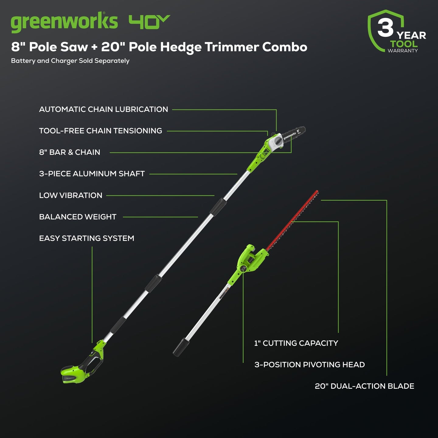 40V Cordless 8" Pole Saw with Hedge Trimmer Attachment Combo Kit (Tool Only) greenworkstools
