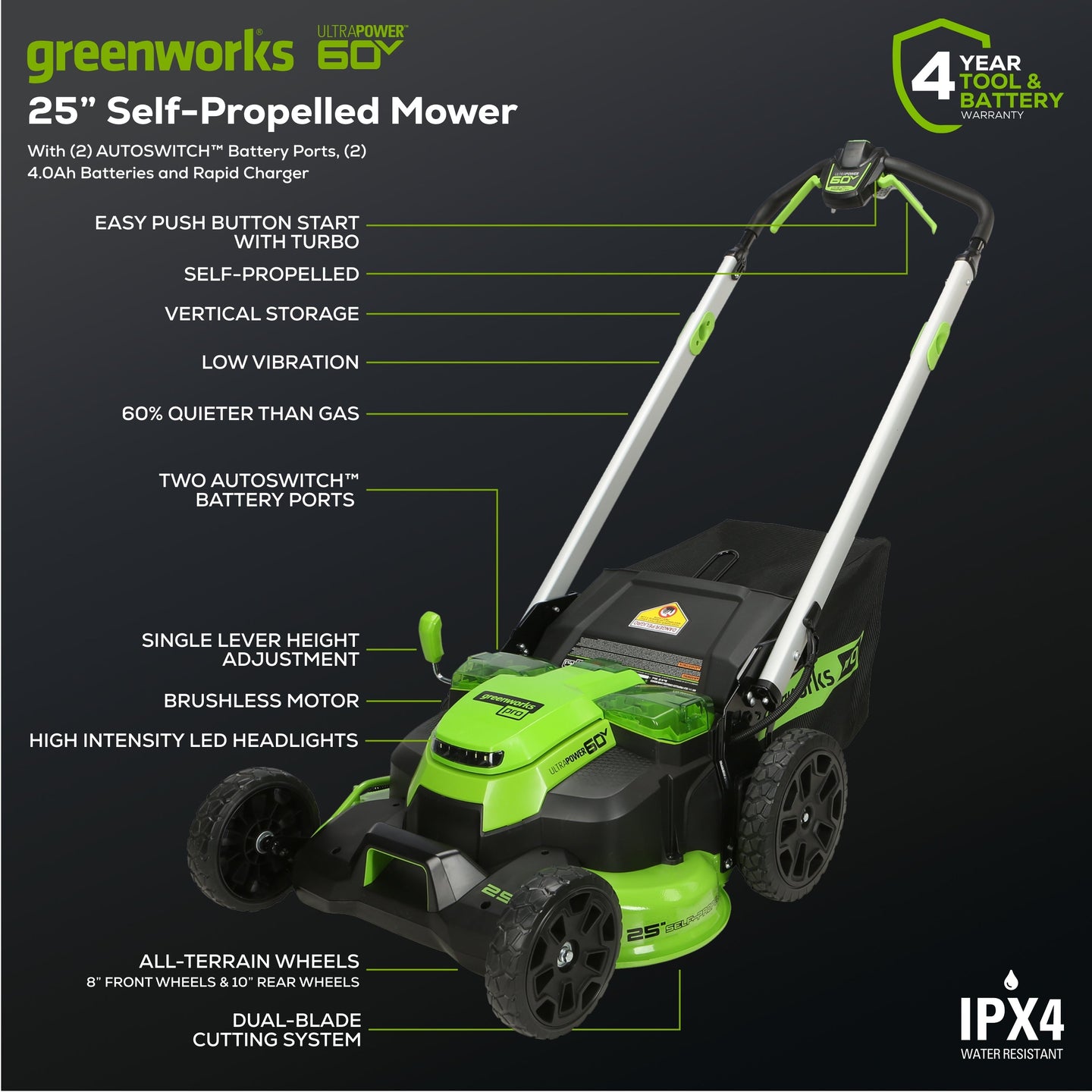 60V 25" SP Mower 3PC Combo Kit, 16" String Trimmer and 610CFM Blower greenworkstools