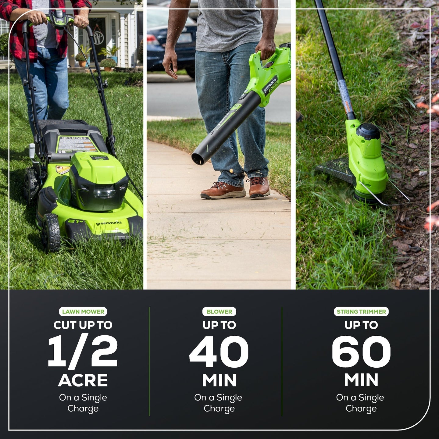OPEN BOX 48V (24V x 2) 21" Cordless Battery Self-Propelled Mower, 12" String Trimmer and 320 CFM Blower Combo Kit: (2) 5.0Ah Batteries and Chargers greenworkstools