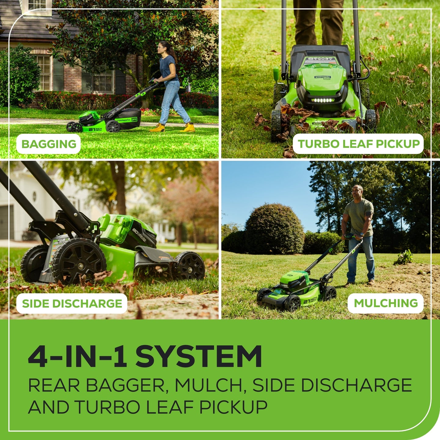 80V 21" Cordless Battery 4-in-1 Push Mower and 16" String Trimmer Combo Kit, (1) 4.0 Ah Battery and (1) Rapid Charger greenworkstools