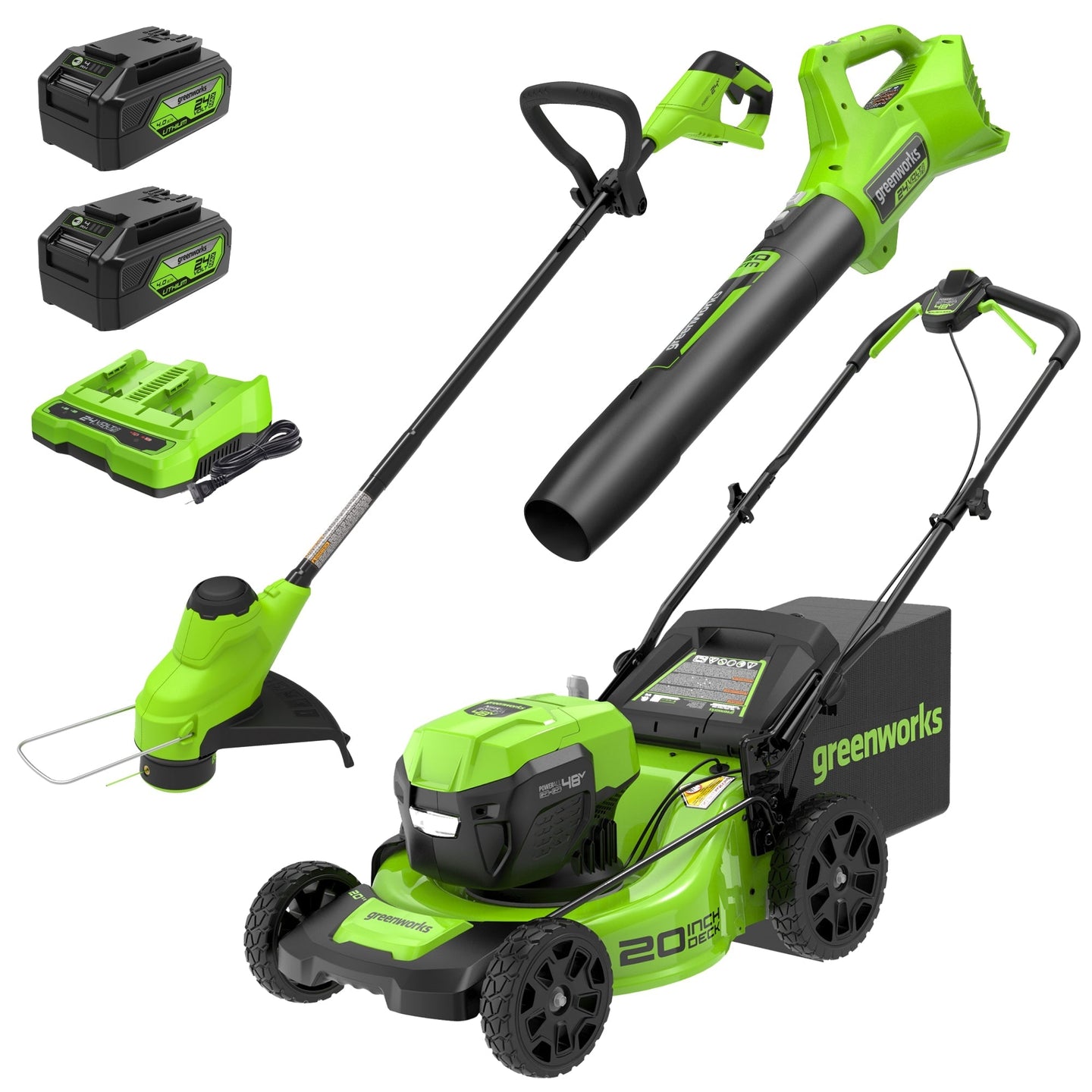 48V (24V x 2) 20" Cordless Battery Push Mower 3pc Combo Kit: (2) 4.0 Ah Batteries and Dual-Port Chargers greenworkstools