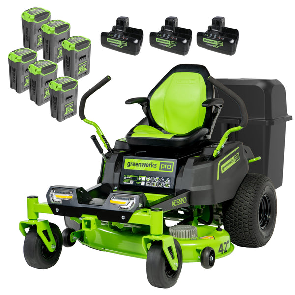 60V 42" Cordless Battery CrossoverZ Zero Turn Lawn Mower + Bagger, (6) 8.0 Ah Batteries and (3) Dual-Port Turbo Chargers greenworkstools