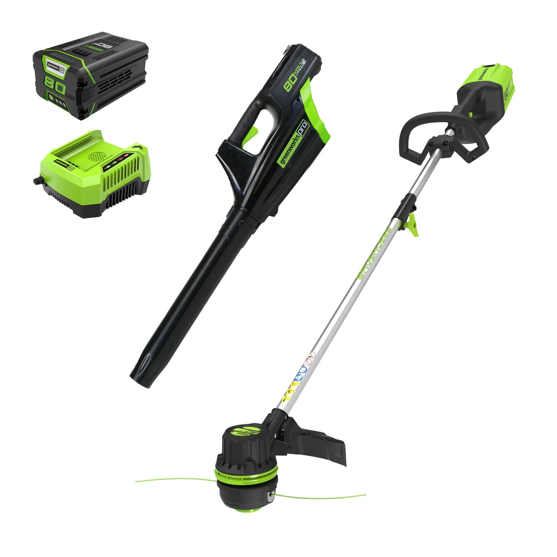 Pro 80V 16" Brushless String Trimmer & 500CFM Leaf Blower Combo w/ 2.0 Ah Battery & Charger greenworkstools