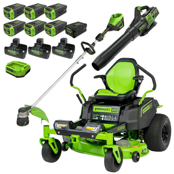 60V 42" Cordless Battery CrossoverZ Zero Turn Riding Lawn Mower 3-Tool Combo Kit, (6) 8Ah Batteries, One(1) 2.5 Ah Battery and (4) Chargers greenworkstools