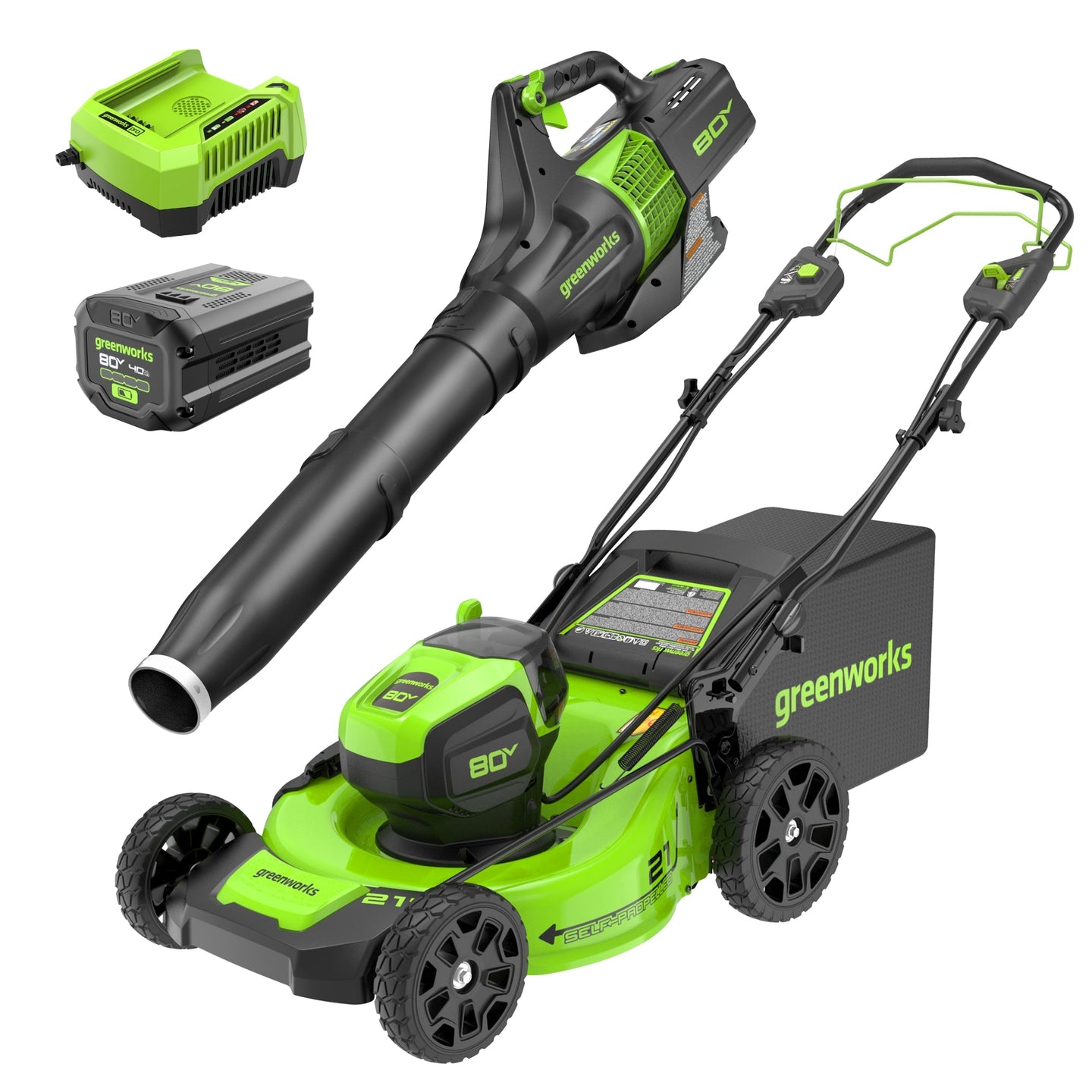 80V 21" Cordless Battery Self-Propelled Mower and Blower: 4.0 Ah Battery and Rapid Charger greenworkstools