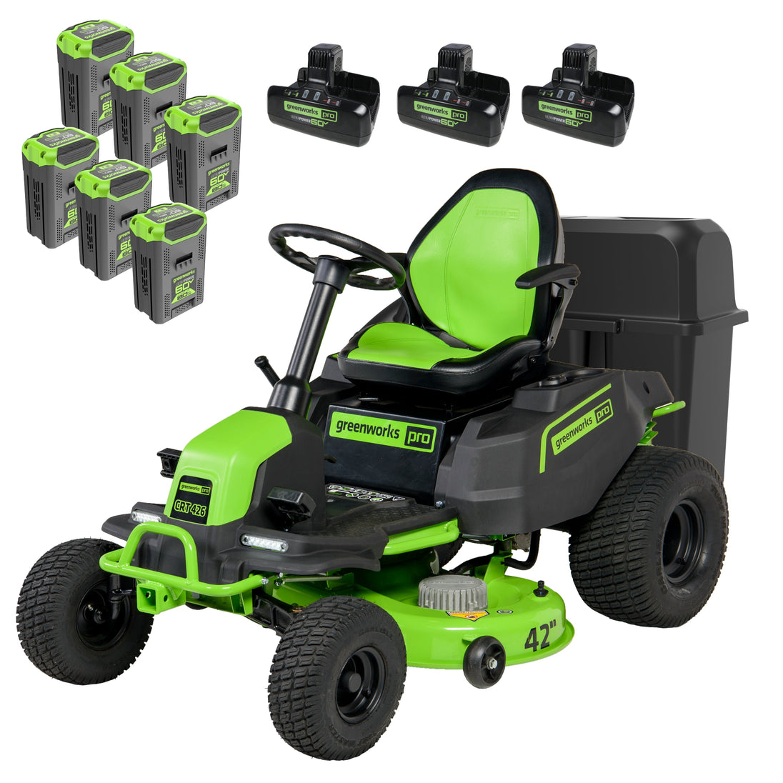 60V 42" Cordless Battery CrossoverT Riding Lawn Mower + Bagger, (6) 8.0 Ah Batteries and (3) Dual-Port Turbo Chargers greenworkstools