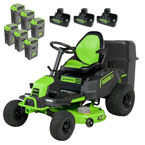 60V 42" Cordless Battery CrossoverT Riding Lawn Mower + Bagger, (6) 8.0 Ah Batteries and (3) Dual-Port Turbo Chargers greenworkstools
