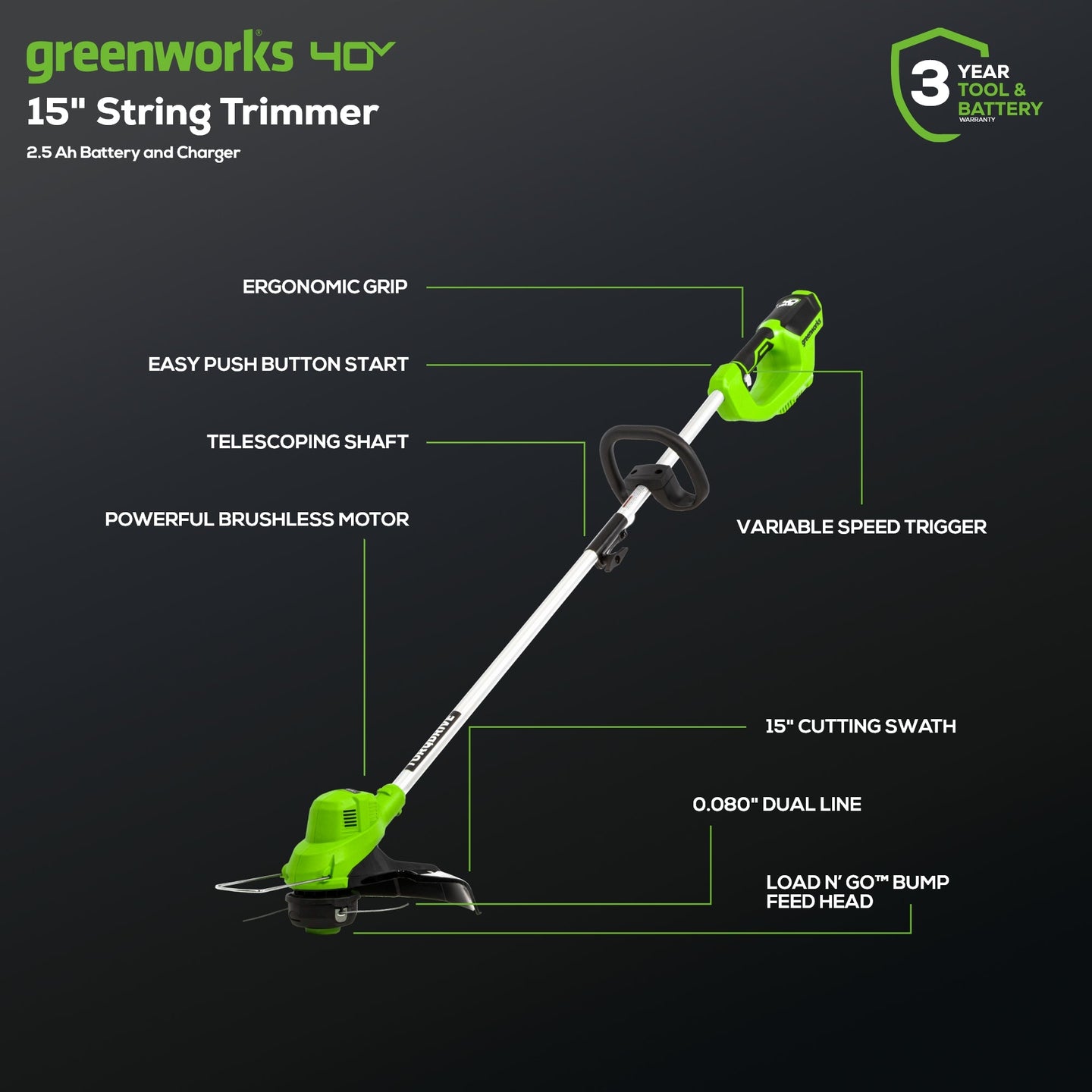 40V 15" Cordless Battery String Trimmer/Blower Combo Kit: 2.5 Ah Battery and Charger greenworkstools