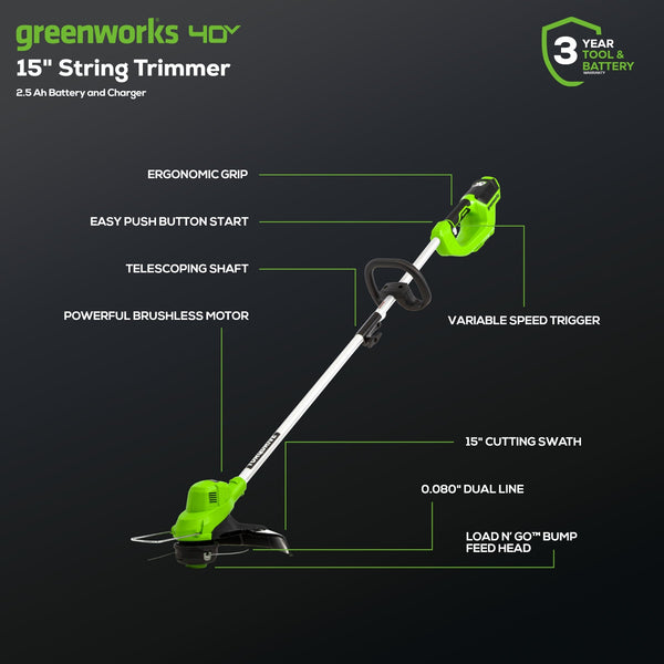 40V 15" Cordless Battery String Trimmer/Blower Combo Kit: 2.5 Ah Battery and Charger greenworkstools