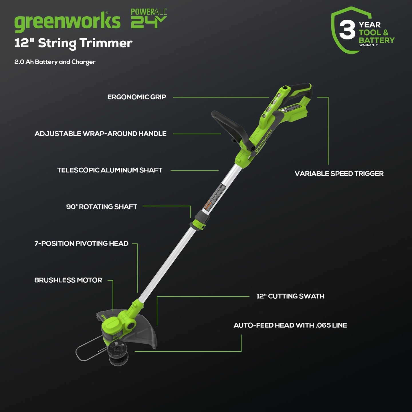 24V 12" Cordless Battery String Trimmer and 320 CFM Blower Combo Kit: 2.0 Ah Battery and Charger greenworkstools