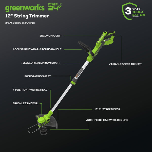 24V 12" Cordless Battery String Trimmer and 320 CFM Blower Combo Kit: 2.0 Ah Battery and Charger greenworkstools