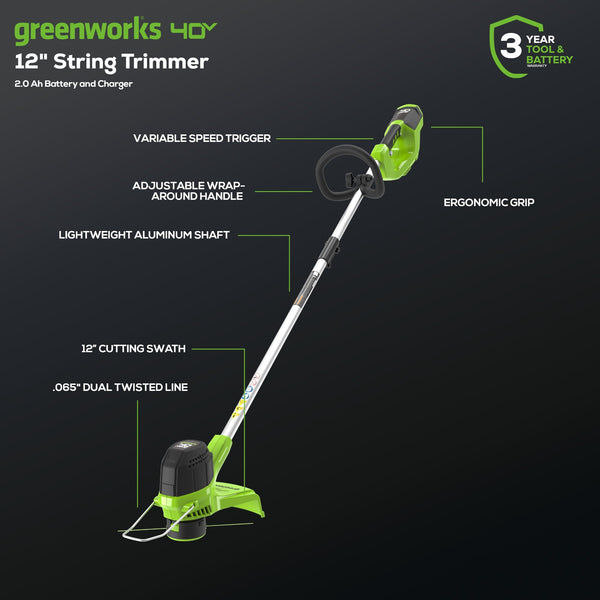 40V 12" Cordless String Trimmer and Leaf Blower Combo Kit w/ 2.0Ah Battery & Charger greenworkstools