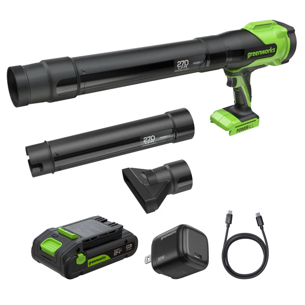 24V 270 CFM Cordless Battery Brushless Blower w/ 3.0Ah Battery & 30W Type-C Charger(3-Ft Cable) greenworkstools