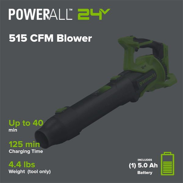 24V 515 CFM Cordless Battery Brushless Blower w/ 5.0Ah Battery & 65W  Type-C Charger(3-Ft Cable) greenworkstools