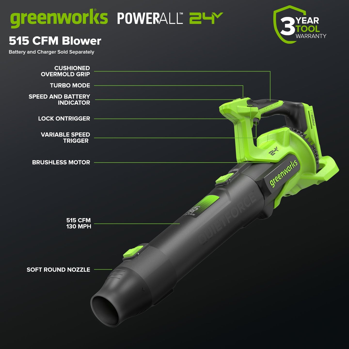 24V 515 CFM Cordless Battery Brushless Blower (Tool Only) greenworkstools