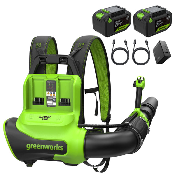 48V (24V x 2) 730 CFM Cordless Battery Dual-Port Backpack Blower: (2) 8.0 Ah Battery, 100W Charger and (2) 3-Ft Cables greenworkstools