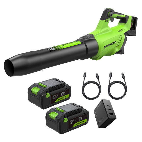 48V (24V x 2) 600 CFM Cordless Battery Leaf Blower w/ (2) 4.0Ah Batteries, 100W Type-C Charger &(2)3-Ft Cables greenworkstools