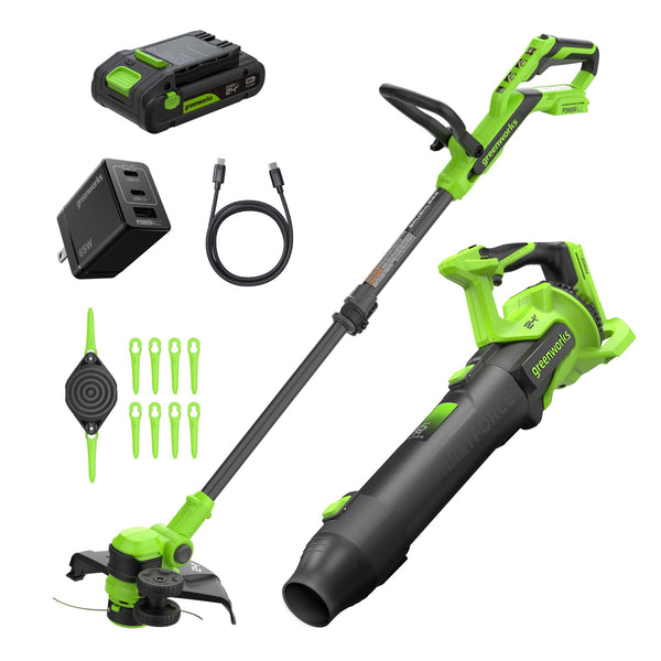 24V 12" Cordless Battery String Trimmer/Edger and 515 CFM Blower Combo Kit w/ 3.0Ah Battery,65W Type-C Charger & (2) 3-Ft Cables greenworkstools