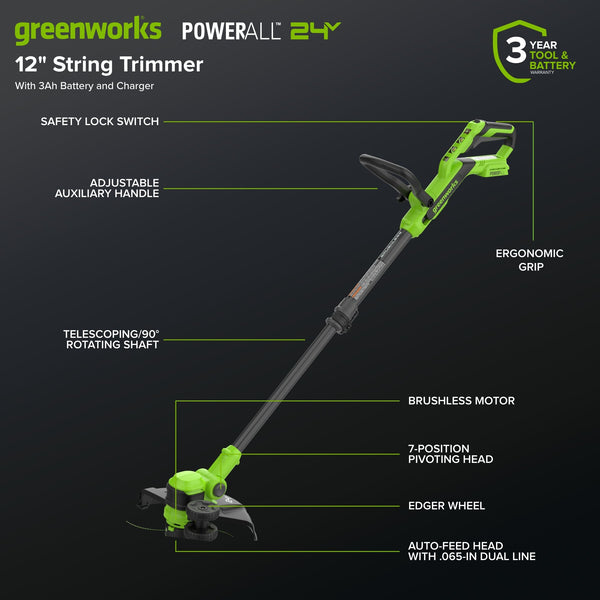 24V 12" Cordless Battery String Trimmer/Edger and 515 CFM Blower Combo Kit w/ 3.0Ah Battery,65W Type-C Charger & (2) 3-Ft Cables greenworkstools
