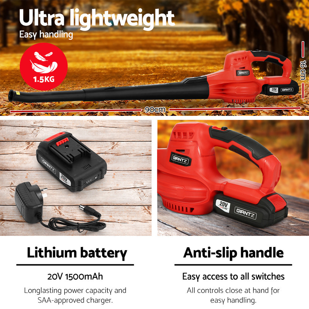 Giantz 20V Cordless Leaf Blower Garden Lithium Battery Electric Nozzles 2-Speed Platinum Deals