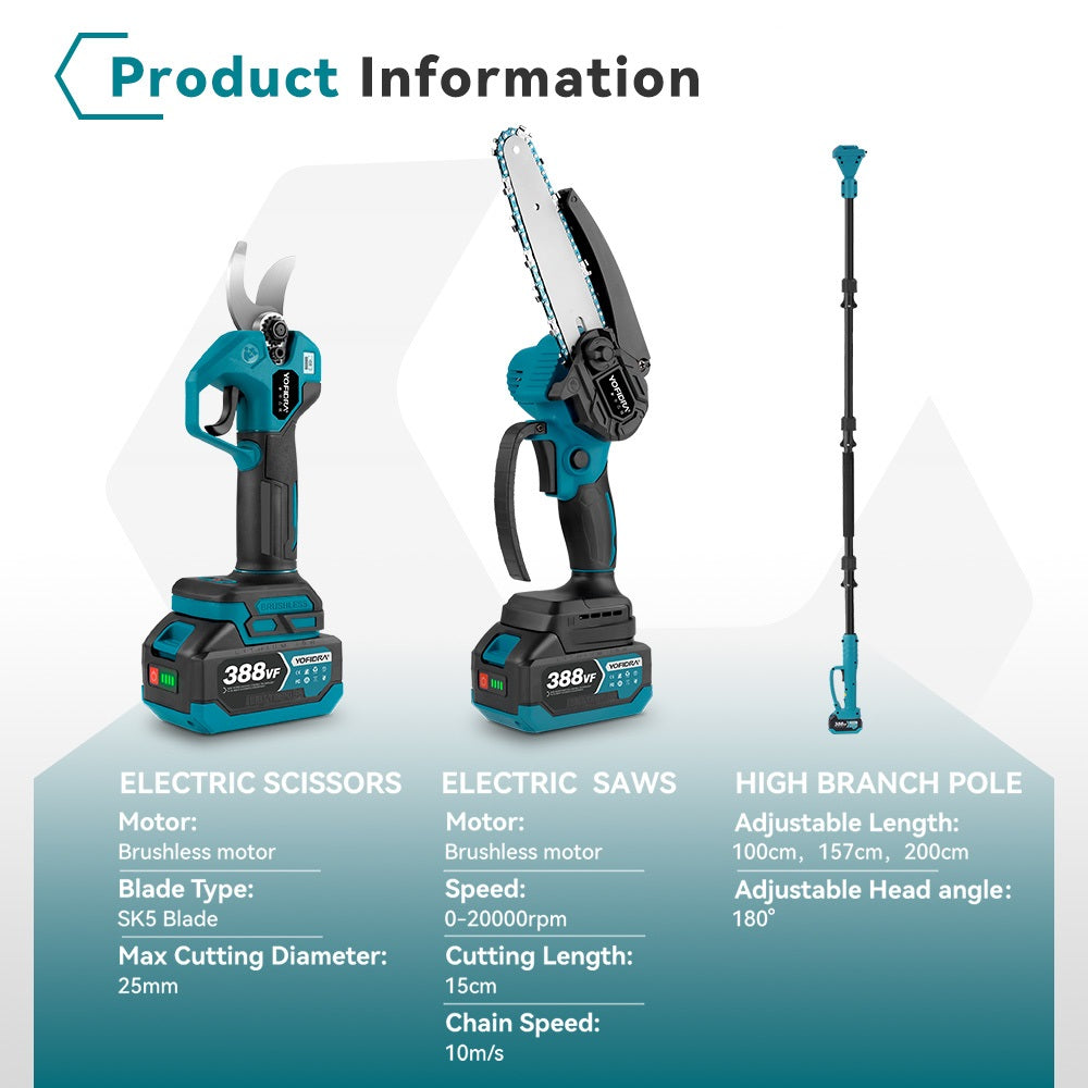 NewBeny Cordless 6" Chainsaw & 25mm Pruning Shears & 2m High Pole Combo Kit With 2 Batteries and Charger NEWBENY