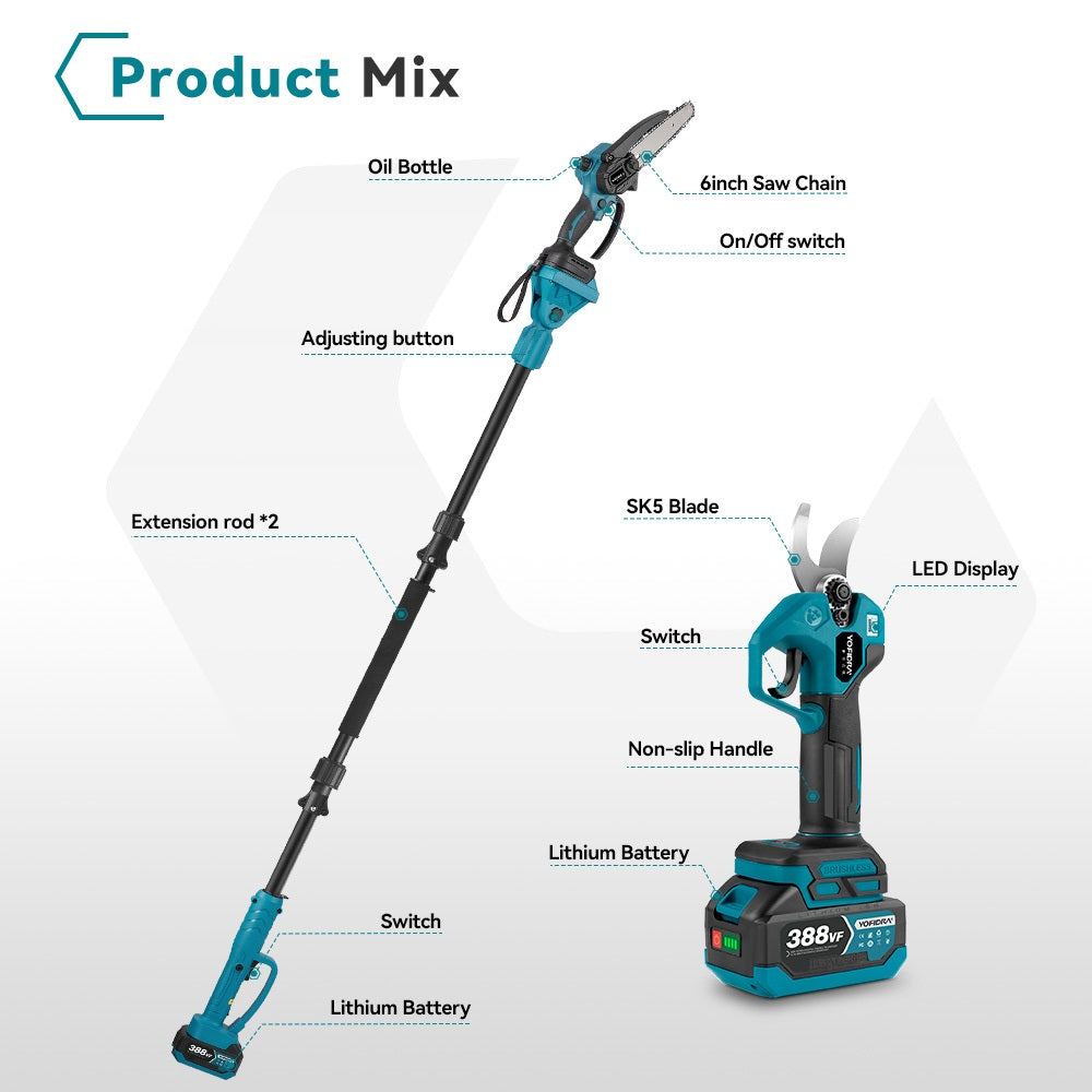 NewBeny Cordless 6" Chainsaw & 25mm Pruning Shears & 2m High Pole Combo Kit With 2 Batteries and Charger NEWBENY