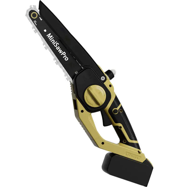 MiniSawPro M10 cordless mini chainsaw – compact lithium battery pruning saw, black and gold