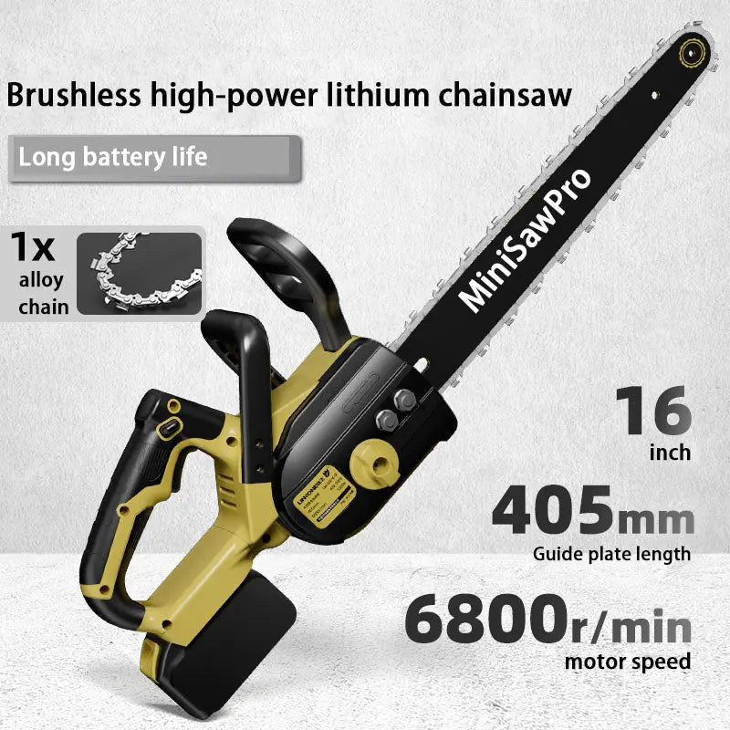 MiniSawPro M12 cordless chainsaw detail view – professional lithium battery pruning and cutting saw
