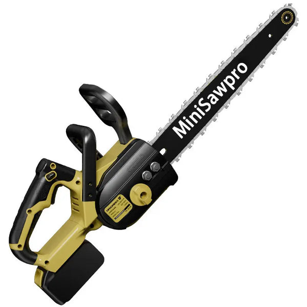 MiniSawPro M12 cordless mini chainsaw – compact lithium battery pruning and cutting saw, black design