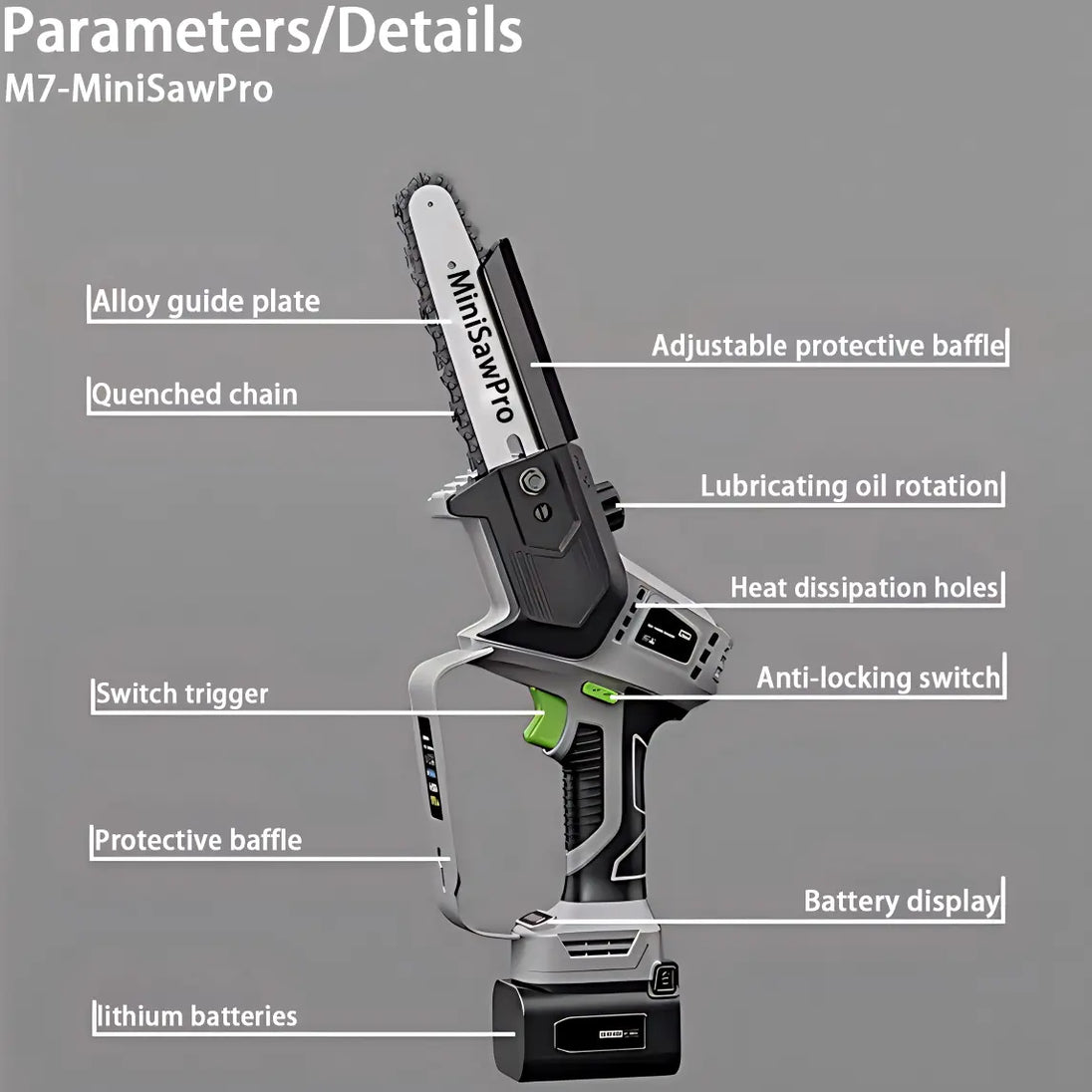 MiniSawPro M7 cordless chainsaw dual battery configuration 2AH 4AH pruning tool