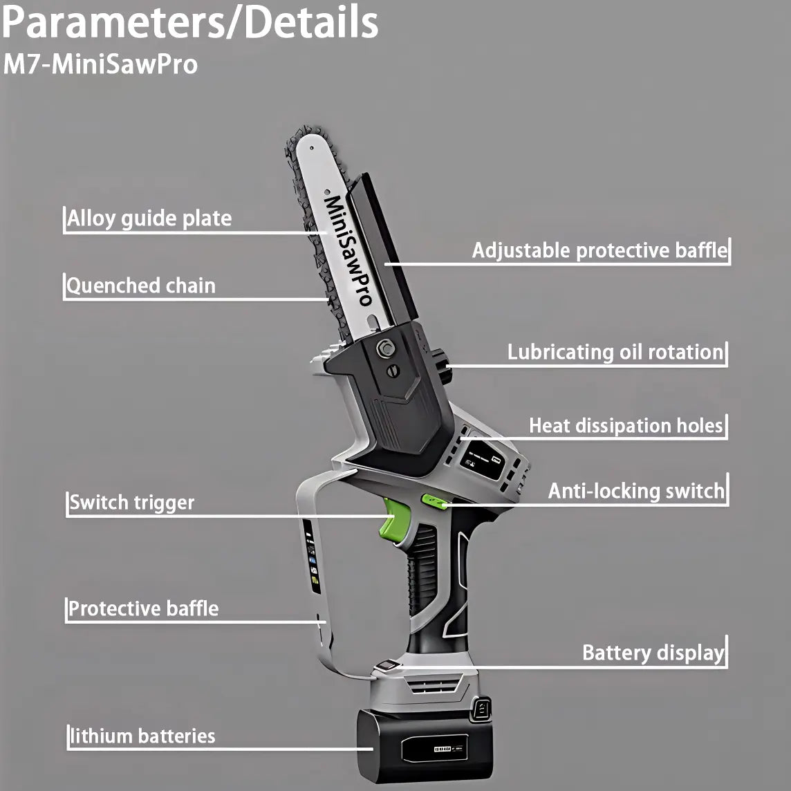 MiniSawPro M7 cordless chainsaw dual battery configuration 2AH 4AH pruning tool