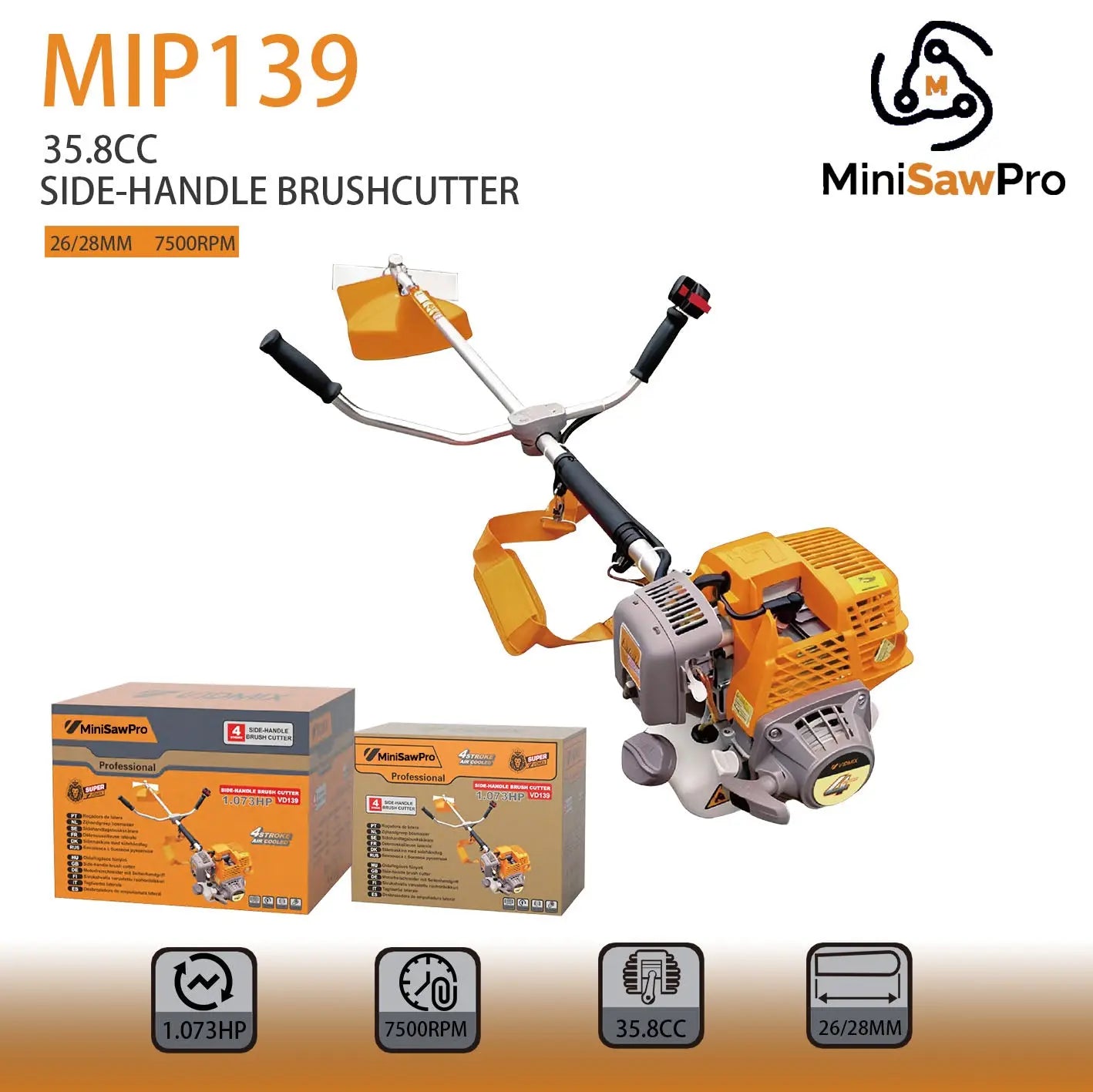 MIP139 gas grass trimmer detail view – 35.8cc 4-stroke engine portable lawn mower for backyard maintenance-minisawpro