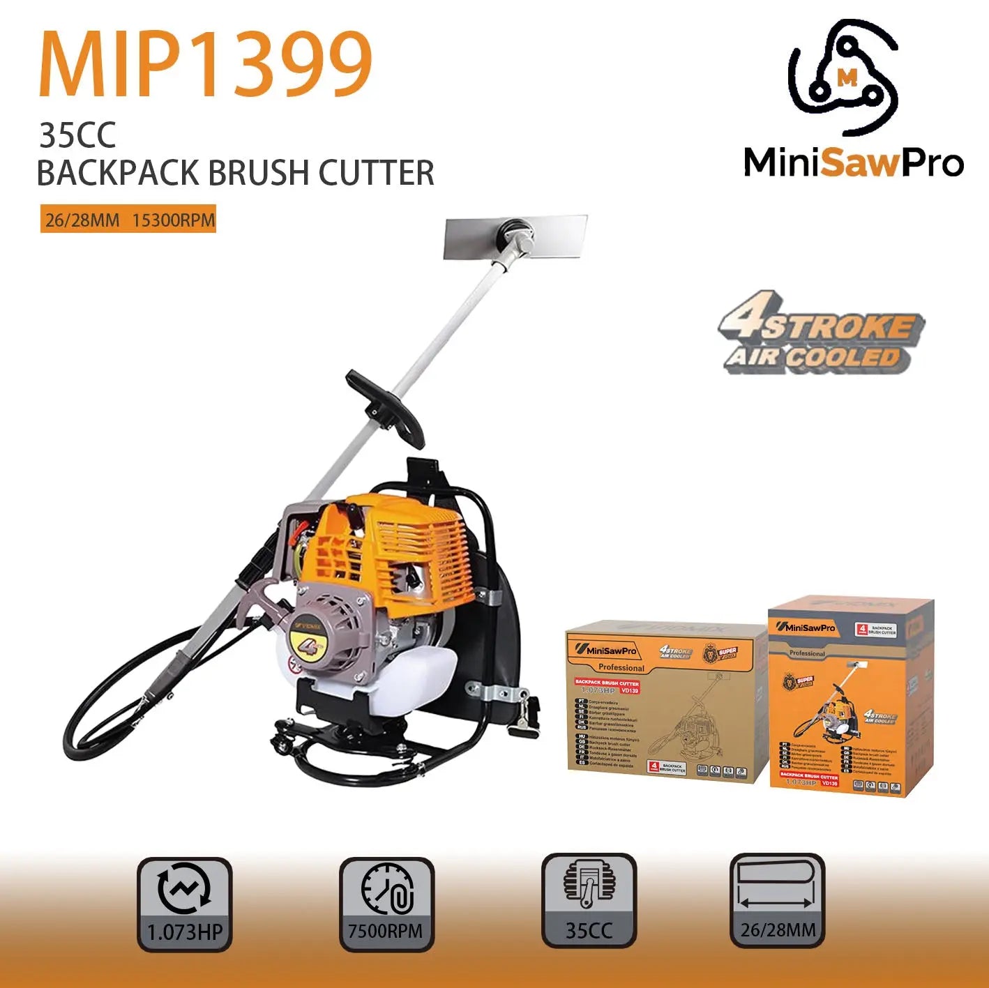 MIP1399 gas grass trimmer detail view – 35.8cc 4-stroke quiet engine portable lawn mower for yard-minisawpro