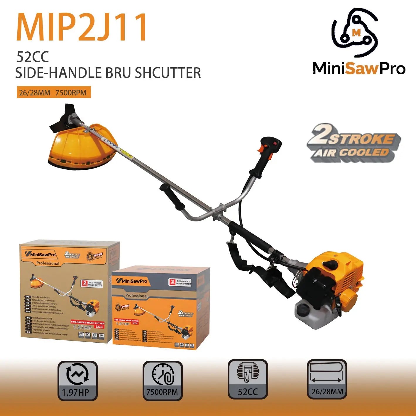 MIP2J11 gas grass trimmer detail view – 52cc 2-stroke high-power engine portable yard maintenance tool-minisawpro